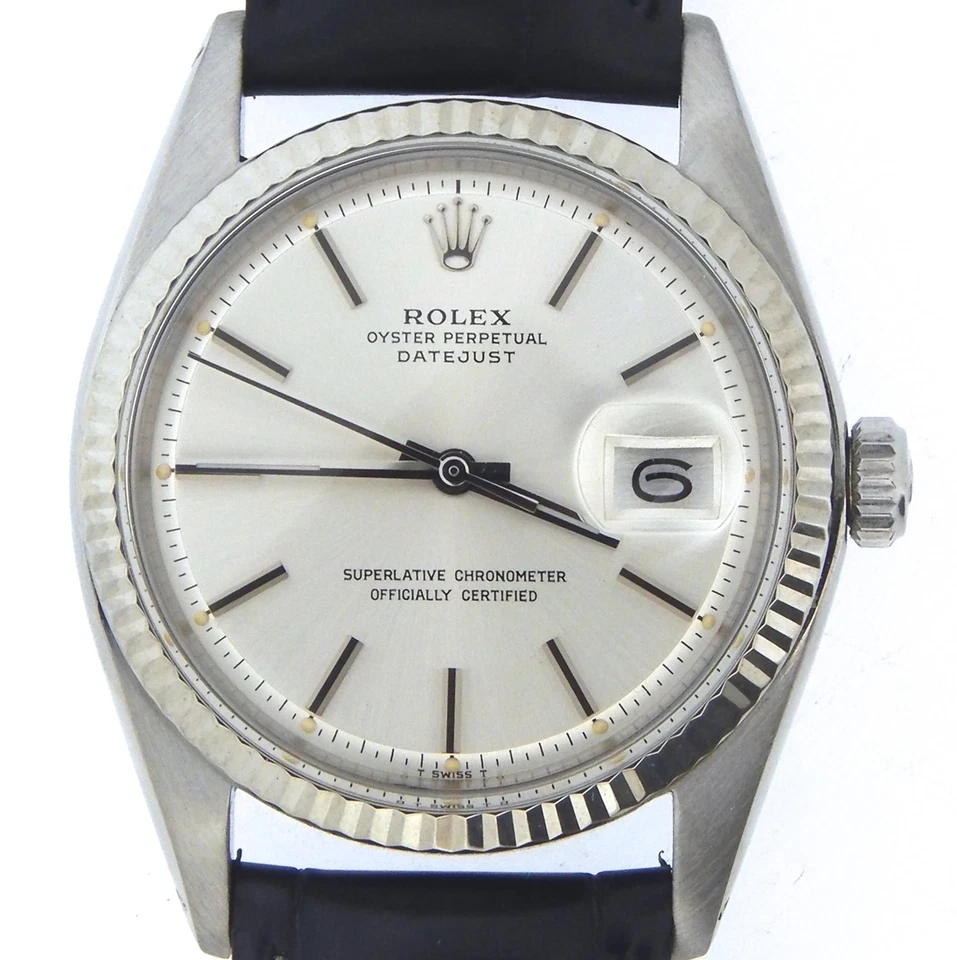 Rolex Datejust Men Stainless Steel & 18K White Gold Watch Silver Dial Black 1601