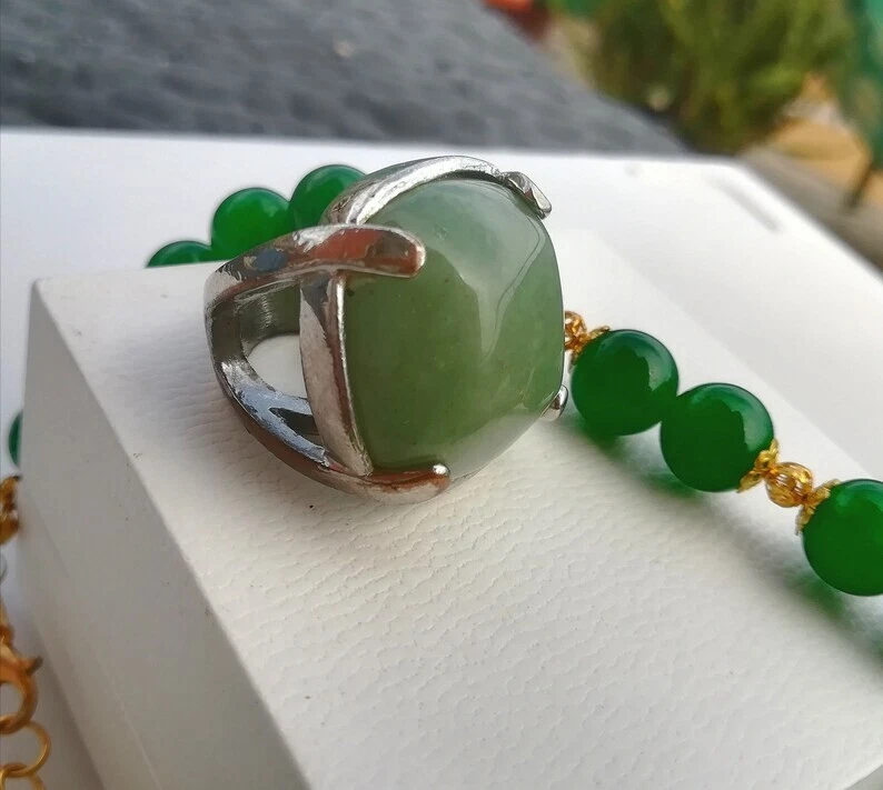 ANELLO GIADEITE VERDE NATURALE ART DÉCO, ANELLO DESIGN VINTAGE GIADA E ARGENTO - Immagine 4 di 4
