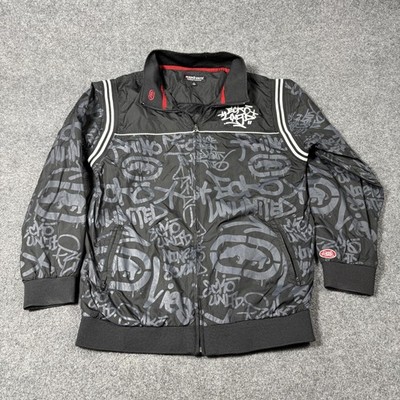 Ecko Unlimited Jacket Mens Large Black Graffiti Windbreaker Full Zip Y2k FLAWS
