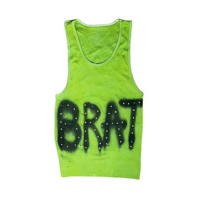 Womens Y2K Brat Graphic Tank Top Neon Green Rhinestone Grunge Cami S-L