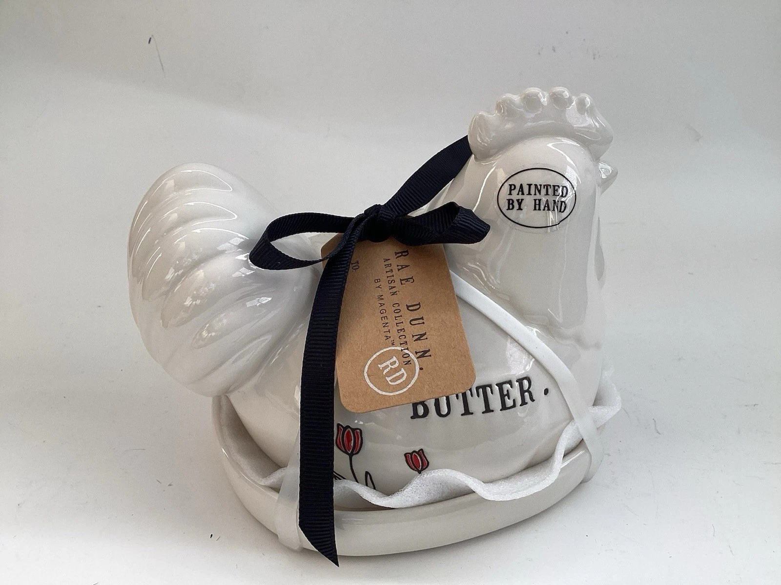 RAE DUNN BUTTER Dish Chicken Hen Floral Hand Painted Farmhouse Ceramic NWT