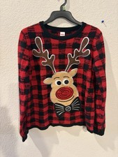 Kids Christmas Ugly Sweater with Rudolph Reindeer SizeL 12-14 Red/Black Plaid