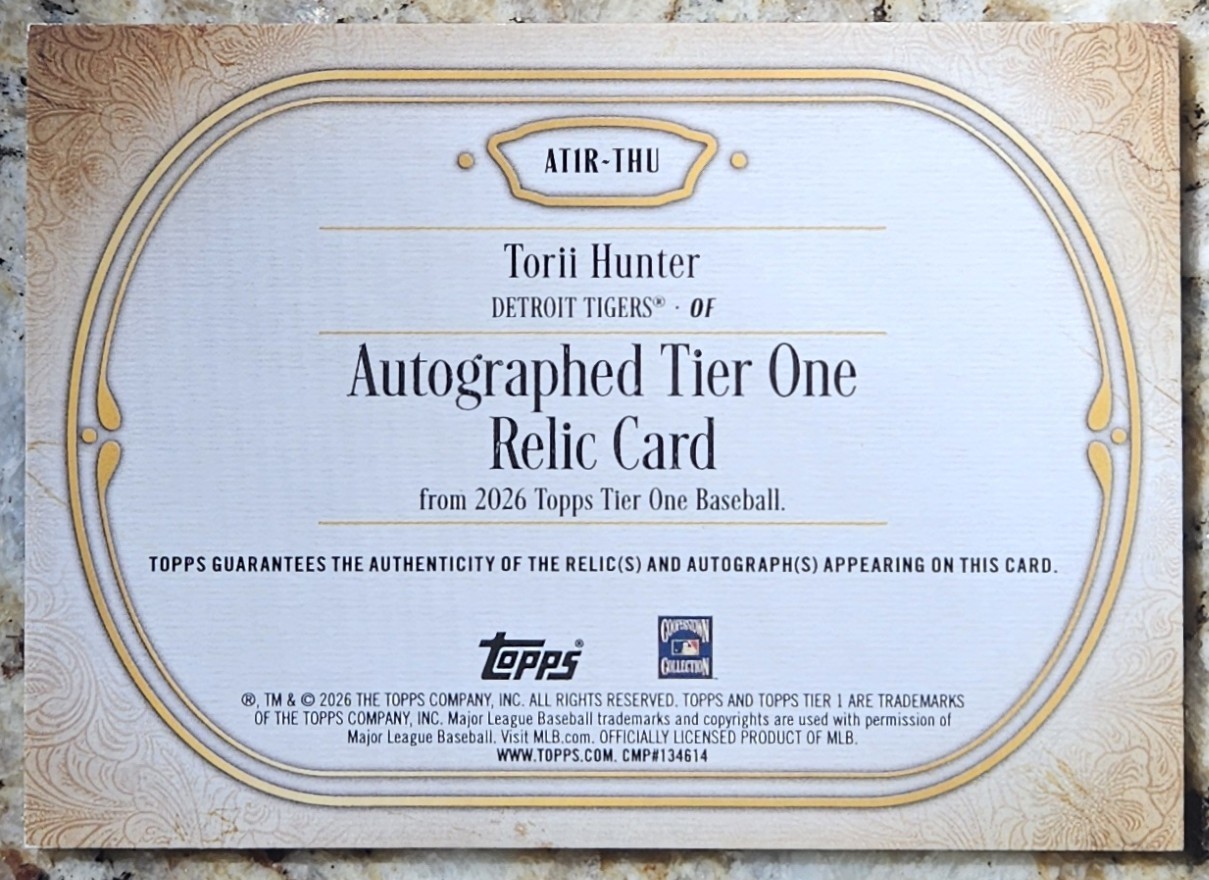 Torii Hunter 2026 Topps Tier One Game-Used Patch Auto /199 🖋️ #ATIR-THU view 2
