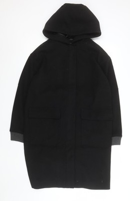 Topshop Unisex schwarzer langer Polyestermantel mit Kapuze Größe 34