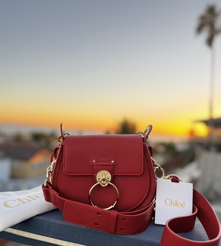 Chloe Tess Small Red Smooth Calfskin Suede Crossbody Shoulder Bag Gold Ring