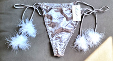 NWT Vintage Silver Tie String Bikini with Fur Tassels Size 7