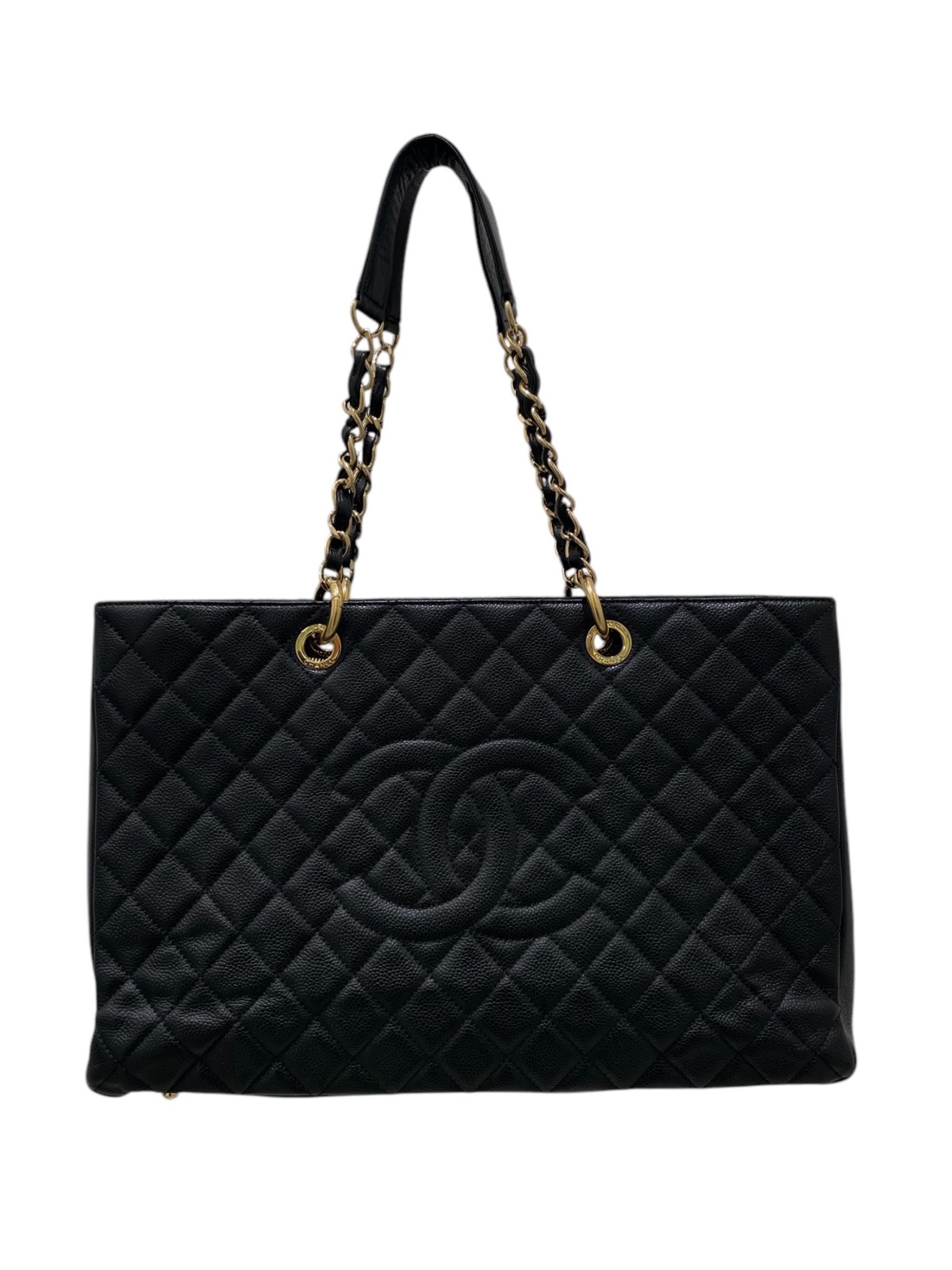 CHANEL GST Black Leather Tote Bag with Silver Hardware