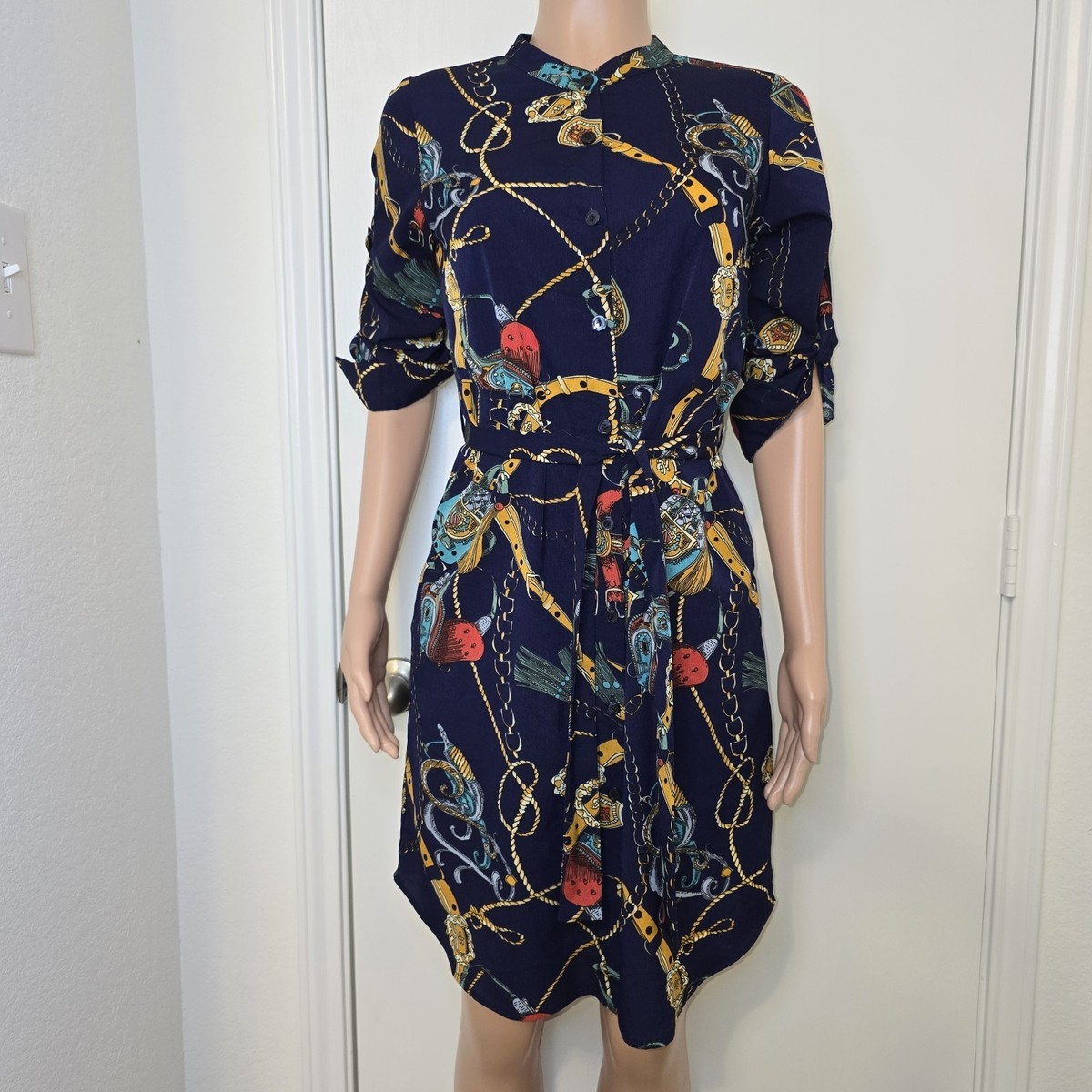 Topshop Belt Chain Print Dress Sz S Navy Blue Tie Waist Long Sleeve Retro Style Topshop Belt Chain Print Dress Sz S Navy Blue Tie Waist Long Sleeve Retro Style