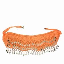Orange Chiffon Belly Dance Hip Scarf with Gold Colored Coins. One Size Fits