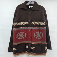 Vtg Wool Cardigan Sweater Medium Brown Nordic Snowflake Eclectic Grandmacore