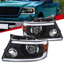 Fit 2004-2008 Ford F-150 Black LED Tube Projector Headlights Left+Right 04-08