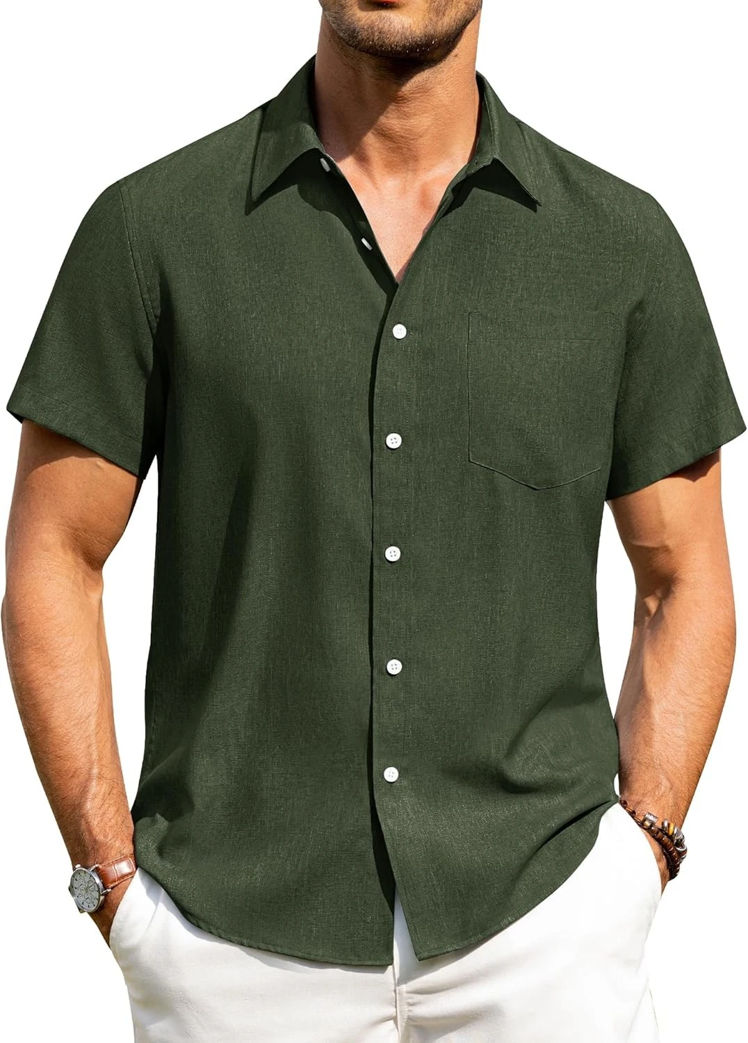 Gentle Men Linen Shirt Short Sleeve Button Down Wrinkle Free Causal Beach Top