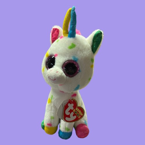Ty Harmonie Beanie Babies 2.0 White Unicorn Rainbow Spots Glitter Eyes Plush