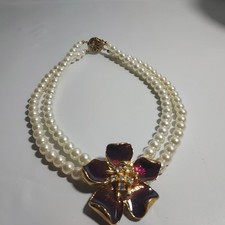 Double Strand Faux Pearl Necklace with Purple Enamel and Rhinestone Flower