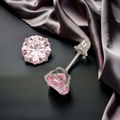 14K White Gold 6mm CZ Birthstone Basket-Set Screw Back Stud Earrings |