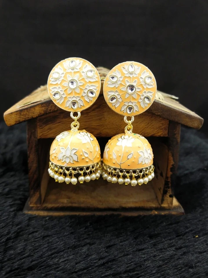 Joyería india Meenakari chapada en oro estilo Bollywood Kundan Perla Jhumka Pendiente Foto 2 de 4