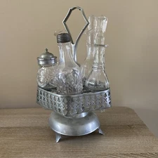 Condiment Caddy 5 Glass Bottle Set Cruet  VTG