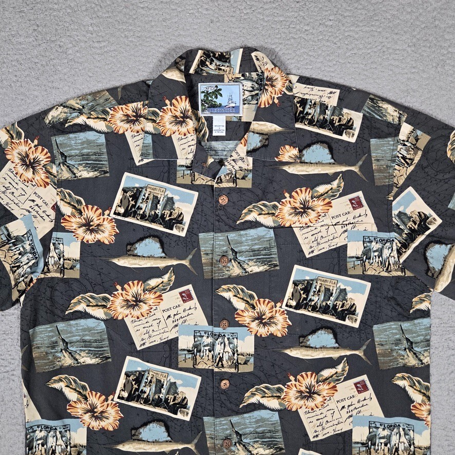 AFTCO Shirt Mens Large Miami Fish Postcards Beach Surf Casual Made in USA Logo
