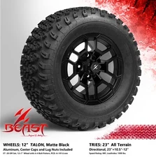 4x GOLF CART 12" MATTE BLACK 'TALON' WHEELS and 23"x10.5"-12" ALL-TERRIAN TIRES