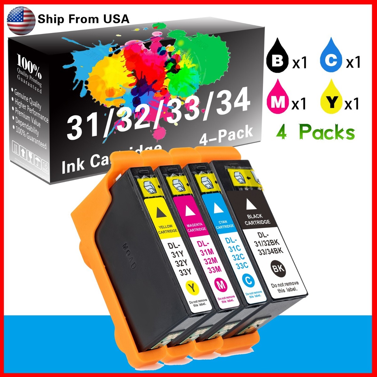 Dell V525W & V725W All-in-One Printer Ink Cartridge Set - Black, Cyan, Magenta, Yellow, 4-Pack