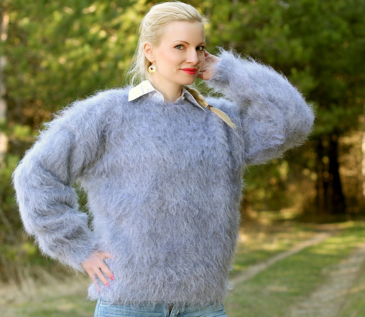 Grey mohair sweater fuzzy pullover hand knitted fluffy thick