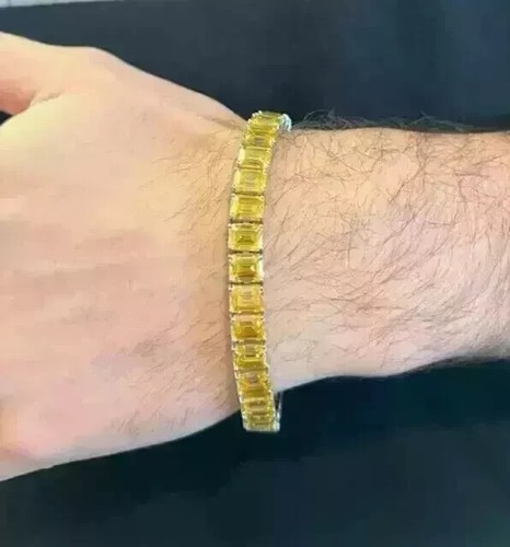 6Ct Emerald Cut Lab-Created Yellow Citrine Men's Bracelet 14K White Gold Plated - 第 1/4 張圖片