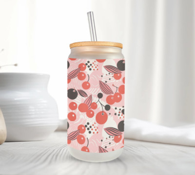 Modern Cherries Frosted Glass Can With Bamboo Lid 16 Oz Glass Cup by Mugzan