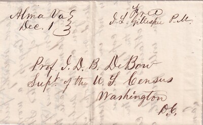 1854 Alma Virginia 1-pg letter James Dunwoody Brownson J D B De Bow , US Census