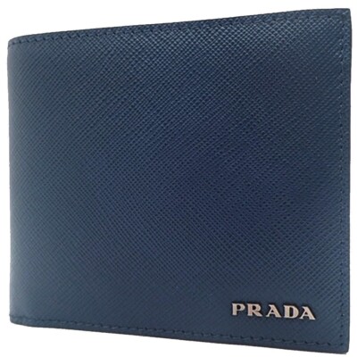 Prada Mens Baltico Blue Vitello Micro Grain Leather Bifold Wallet NEW