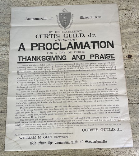 Vintage Original 1908 Massachusetts THANKSGIVING PROCLAMATION Broadside Poster
