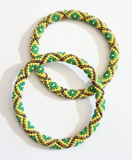 Set of 2 Handmade Glass Seed Bead Crochet Bracelets Solid Color Boho Nepal Bangl