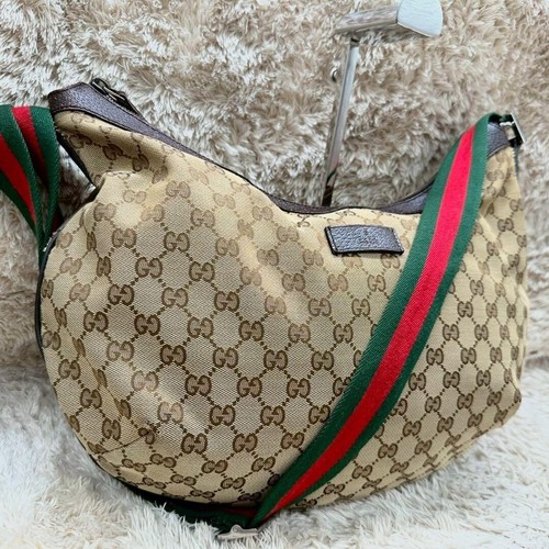 GUCCI GG Canvas Shoulder Bag Beige Web Stripe Half Moon Crossbody Purse