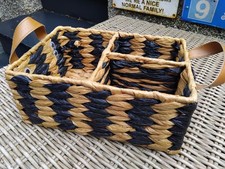 FABRIC WOVEN THREE SECTION BOX c/w HANDLES - in VGC