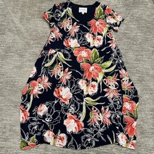 Compli K Dress Womens Medium Navy Floral Short Sleeve Scoop Neck Trapeze Swing