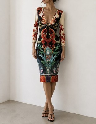 Roberto Cavalli Rare Vintage Serpentine Signed Jersey Midi Dress Size 38