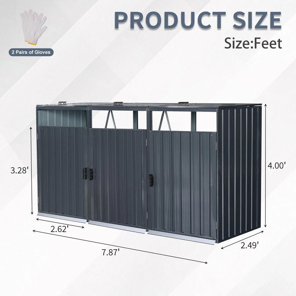 Cubo de basura de metal al aire libre cobertizo 3 botes de basura almacenamiento de basura bloqueable para jardín Foto 3 de 4