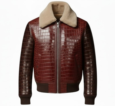 Men,s Real Crocodile Embossed Leather Jacket Shearling Collar Bomber Coat Brown.