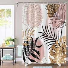 Abstract Boho Shower Curtain Mid Century Palm Leaves Botanical Pink Gold Geom...