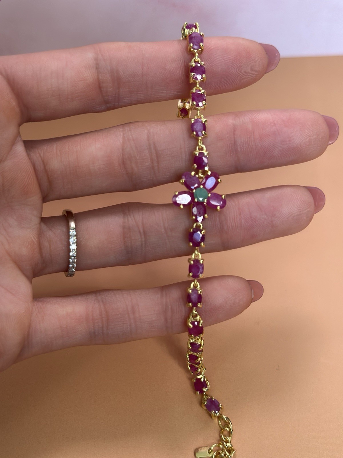 Sterling Silver Ruby Emerald Flower Station Brace… - image 7