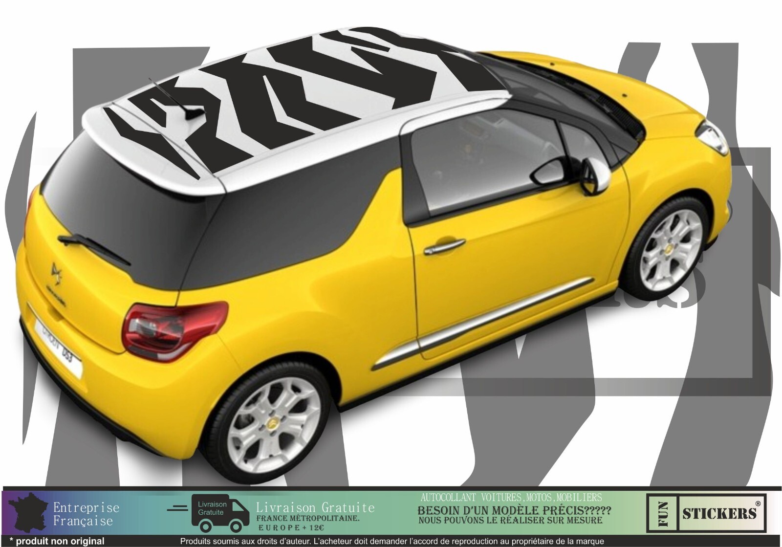 Stickers toit zèbre Citroën DS3 pour personnaliser votre voiture en ville