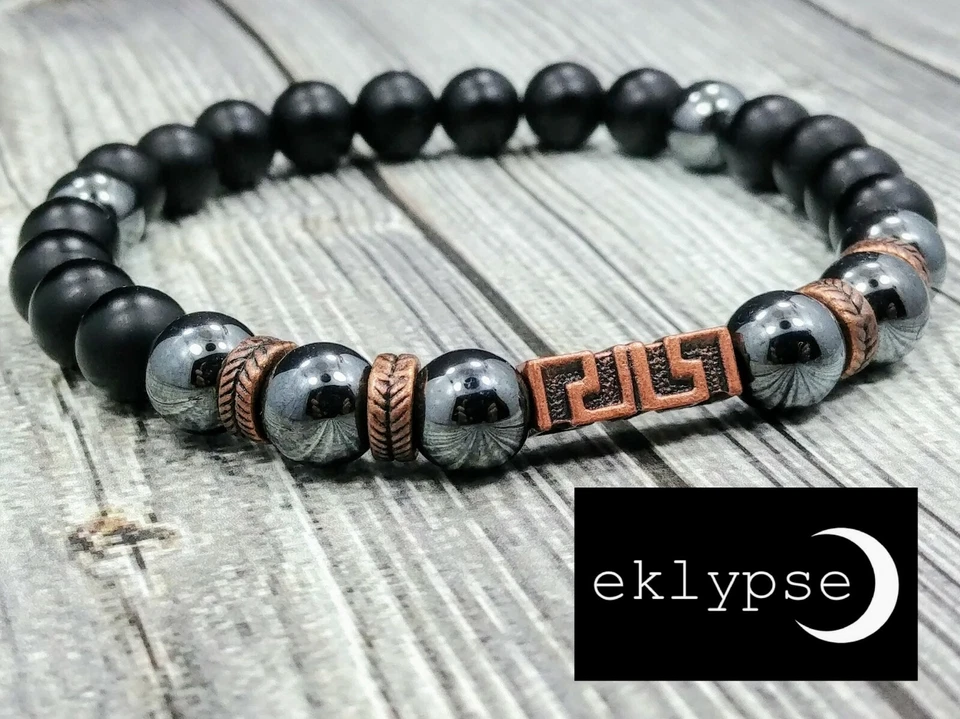 БЕДРА 8 «L меди греческий ключ 8 мм черный оникс + гематит драгоценный камень бисер мужской браслет - Изображение 3 из 4