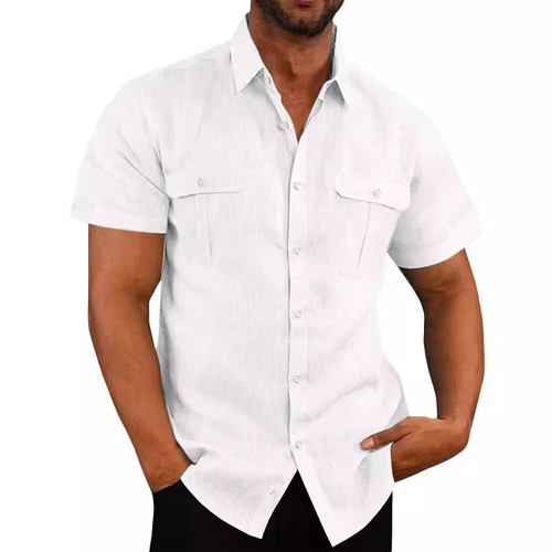 Men's Shirt Double Pocket Cotton Linen Short Sleeve Shirts for Men Casual - Picture 5 of 28