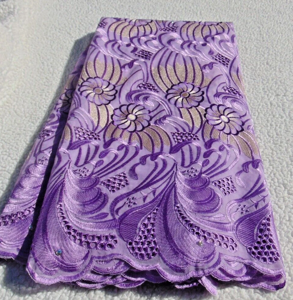 BEAUTIFUL LILAC PURPLE MULTI COTTON SWISS VOILE LACE WITH STONES FABRIC 5YARDS