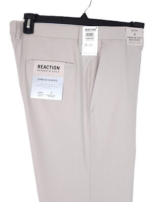 Kenneth Cole Mens Slim-Fit Stretch Dress Pant Heather Glen Plaid Stone 36x30 NWT