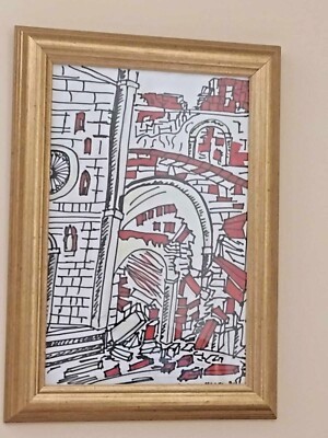 Erdbebenbild 2016 Norcia 24x33 mit Goldrahmen