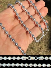 Solid 925 Sterling Silver 6mm Ball Bead Chain Moon Cut Dog Tag Mens Necklace