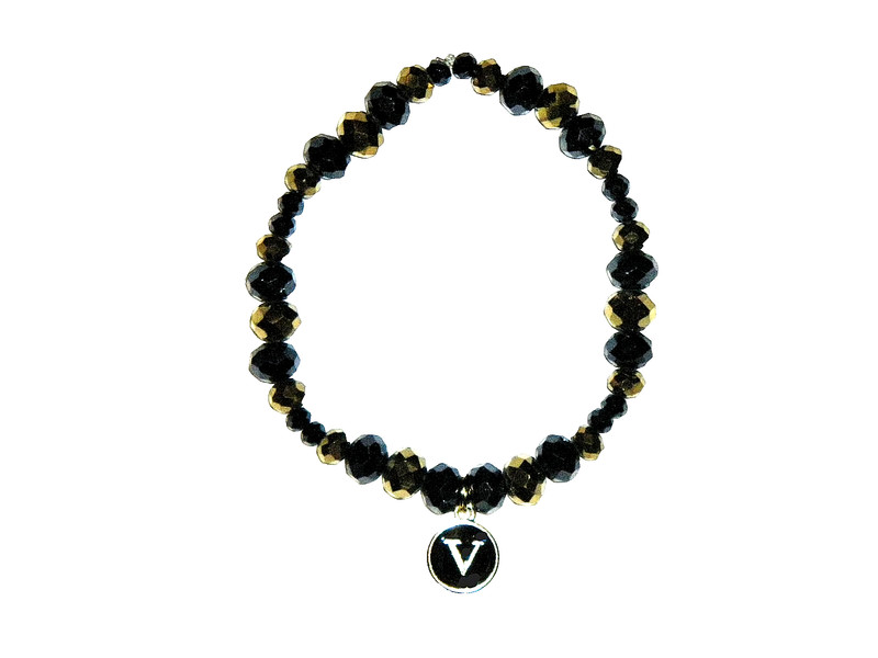 INITIAL "V" CHARM (BLACK) BEADED BRACELET (7 3/4"):  HAND-MADE JEWELRY BY T.L.C.