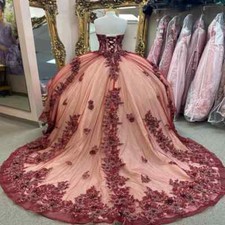 Burgundy Shiny Quinceanera Dresses Sequined Ball Gown 3D Flowers Applique Corset
