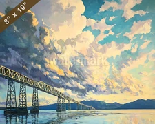 Astoria-Megler Bridge with clouds oil painting 8x10 Print