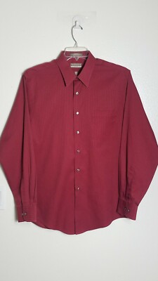 Van Heusen Shirt Fitted Long Sleeve Button Up Red Satin Stripe Mens Size L 